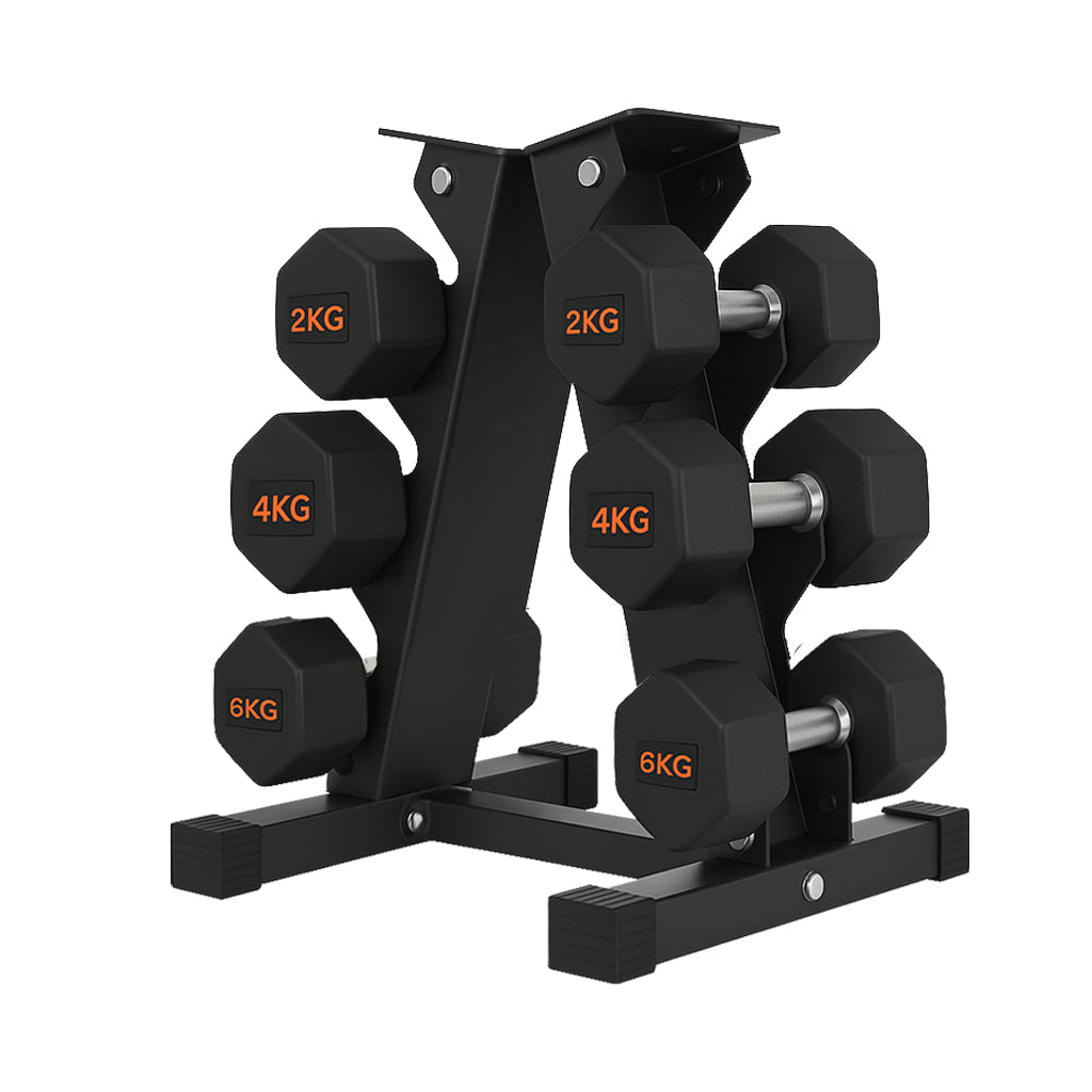 Hex Dumbbells Pairs & Sets (2kg–12kg) – Rubber Coated, Anti-Roll, With & Without Rack for Home Gym