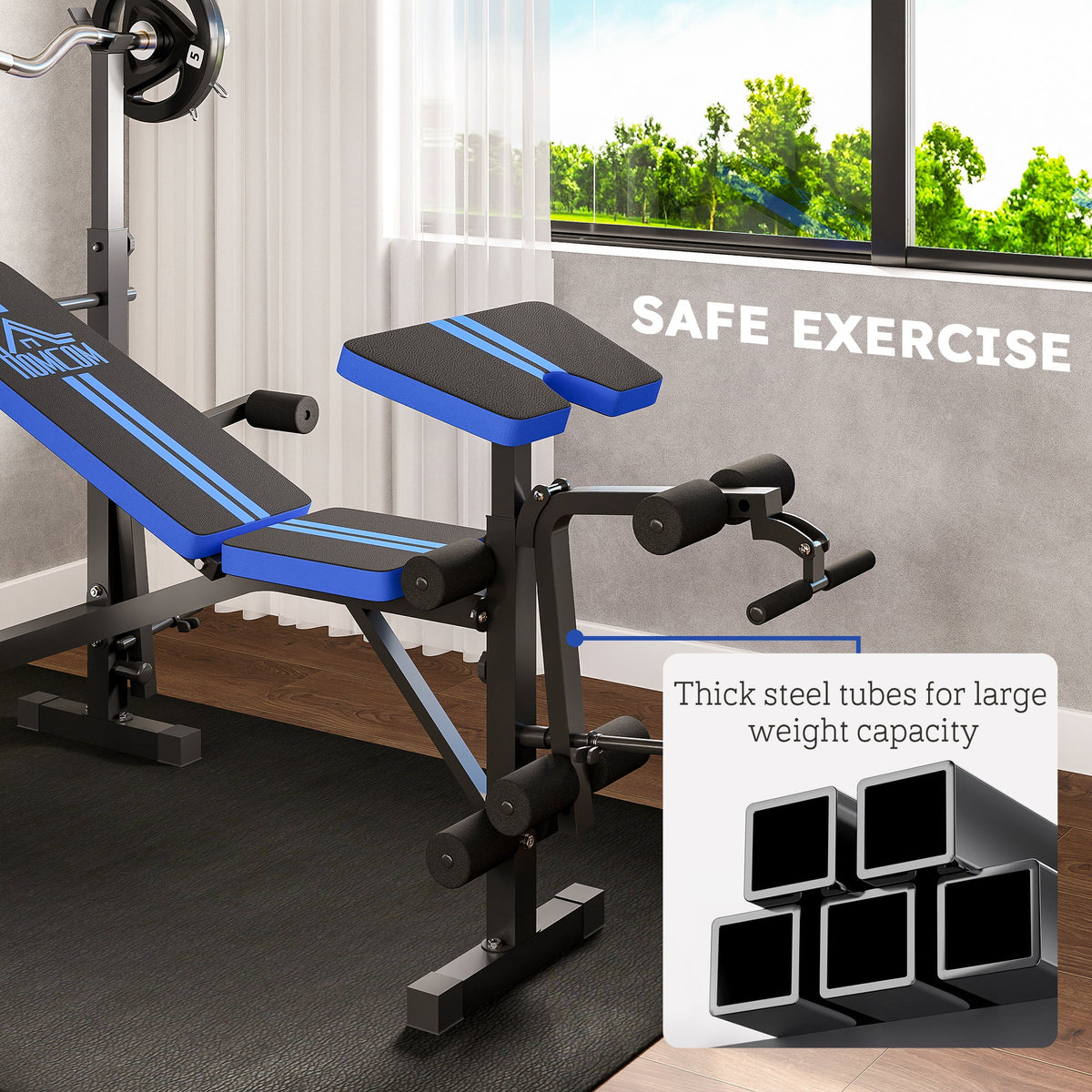 HOMCOM Adjustable Weight Bench with Leg Developer Barbell Rack for Weight Lifting and Strength Training Multifunctional Workout Station for Home Gym Fitness, Blue